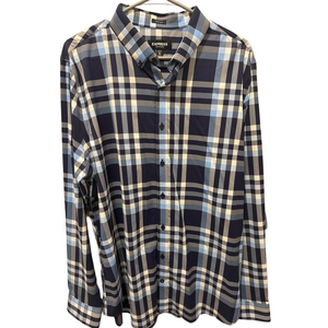 Express Men's Navy and Light Blue Checkered Shirt - Extra Slim XL
